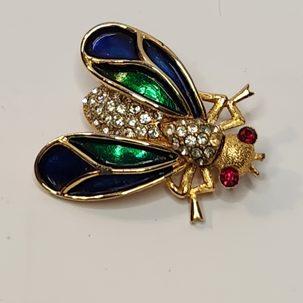 enameled goldtone  blue green fly brooch pin reticulating costume rhinestones